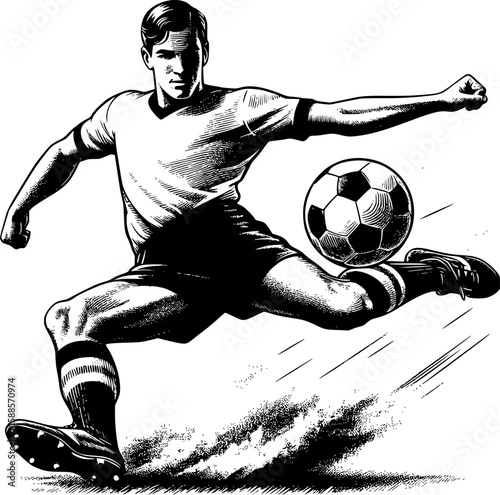 Detailed black and white vintage engraving-style illustration of a soccer player kicking the ball mid-air. Ideal for retro themed sports posters, editorial prints, educational books