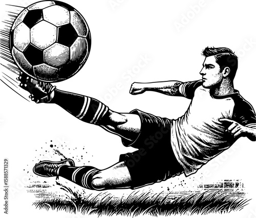 Detailed black and white vintage engraving-style illustration of a soccer player kicking the ball mid-air. Ideal for retro themed sports posters, editorial prints, educational books