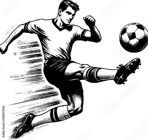 Detailed black and white vintage engraving-style illustration of a soccer player kicking the ball mid-air. Ideal for retro themed sports posters, editorial prints, educational books
