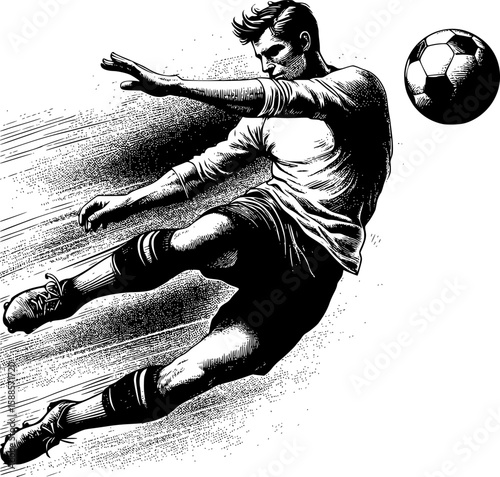 Detailed black and white vintage engraving-style illustration of a soccer player kicking the ball mid-air. Ideal for retro themed sports posters, editorial prints, educational books