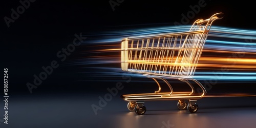 Golden Shopping Cart with Colorful Motion Blur and Glowing Effect.