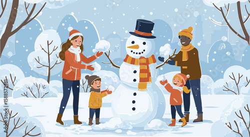 Cheerful cartoon snowman in a winter wonderland, perfect for holiday greetings and family fun