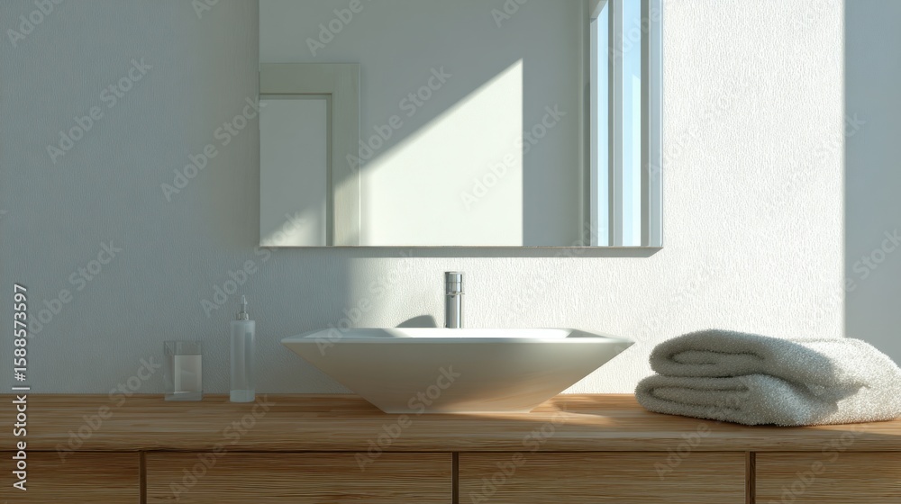Fototapeta premium Clean bathroom vanity top with mirror reflecting white walls and sunlight