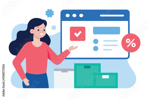 Woman presenting online shopping concept with delivery boxes and discount percentage