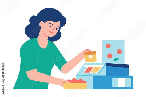 Woman organizing colorful boxes and packages on a white background