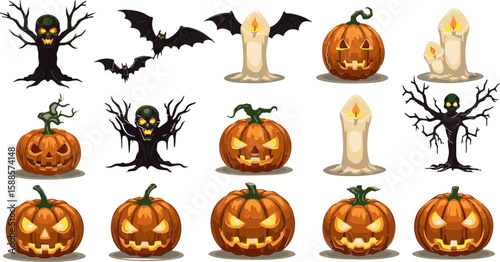 Spooky Halloween pumpkin set vector illustration for an autumn holiday celebration