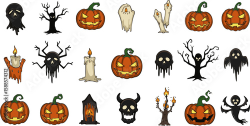 Spooky Halloween pumpkin set vector illustration for an autumn holiday celebration