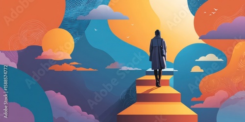 Man looking into the distance in a colorful landscape – concept of future, dreams, and reflection