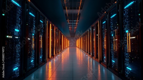 Obraz na płótnie Inside the server room showcasing high tech data center infrastructure with vibrant lights and efficient performance systems.