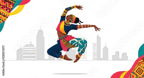 A vibrant illustration of a Black woman gracefully leaping, showcasing African-inspired dance and attire against a modern cityscape backdrop.