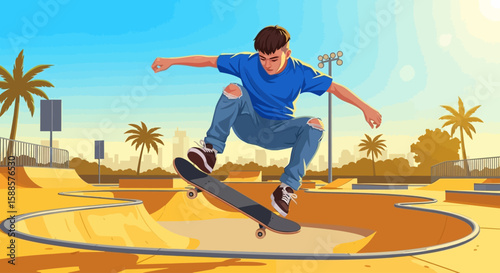 Young skateboarder executes a trick in a sunny skatepark, showcasing skill and urban leisure.