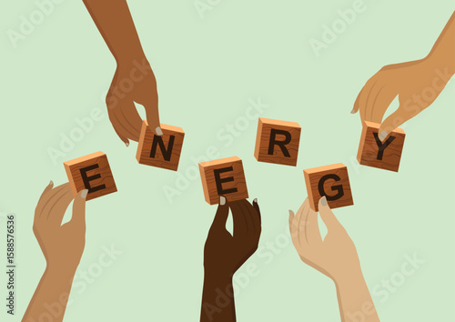 Diverse hands collaboratively arranging wooden letter blocks to spell "ENERGY" symbolizing teamwork in sustainable power solutions. Renewable energy concept. Flat style. Vector illustration