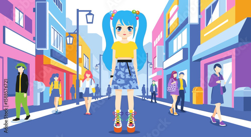 Stylish anime girl stands on vibrant city street, surrounded by pedestrians.