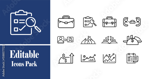 Business Line Icons Pack Editable Vector Outline Set for Finance Management, Clean, editable vector icon pack containing 12 line‑style business symbols: briefcase, clipboard checklist with magnifier.