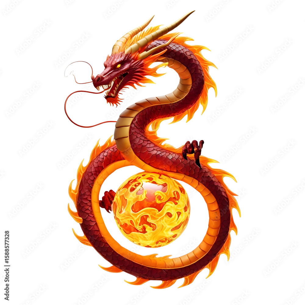 Fototapeta premium Fiery Dragon Encircles Glowing Orb, Mythical Power isolated on transparent background Generative AI.