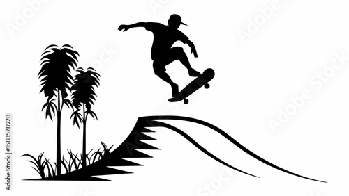 Silhouette of a skateboarder performing a trick over a ramp with palm trees in the background scene