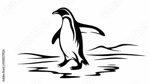 Stylized penguin walking on ice in black and white vector illustration design art image drawing
