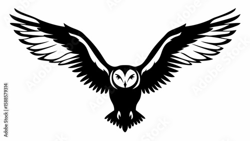 A black and white graphic of an owl with its wings spread wide open in flight on a white background