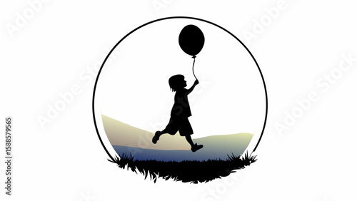 Silhouette of a child running with a balloon inside a circle with a mountain backdrop view image