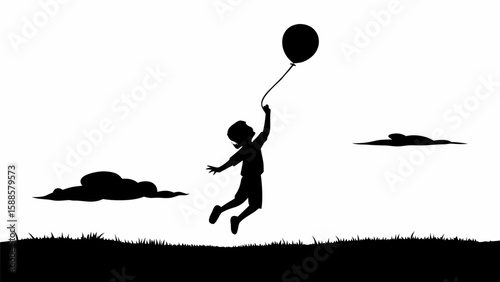 Silhouette of a child reaching for a balloon with grass and clouds on a white background design scene