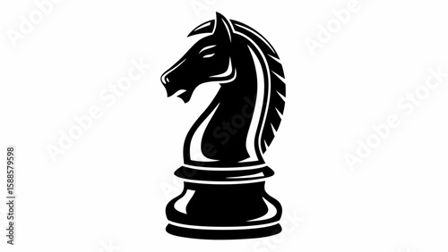 Illustration of a black chess knight piece with a stylized horse head on a white background