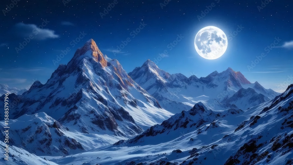 Obraz premium Scenic Snow Covered Mountain Peaks with Shining Full Moon Landscape