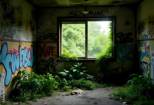 an abandoned destroyed building with grafittis and plants from the inside; lost place