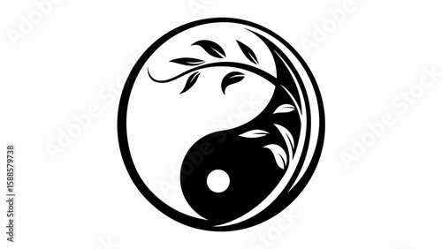 Yin yang symbol with leaves and branches in black and white vector illustration design art work style