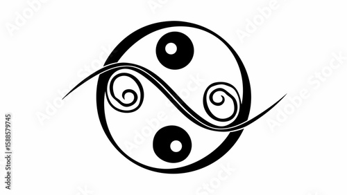 Black and white yin yang symbol with swirls and dots in a circular design element on a white background