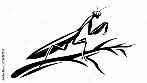 Silhouette of a praying mantis perched on a branch in a striking black and white design style