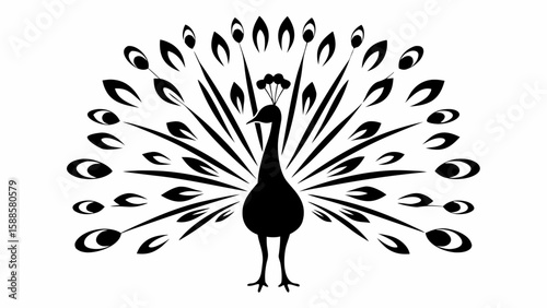 Stylized black and white peacock with elaborate tail feathers displayed in a symmetrical pattern design