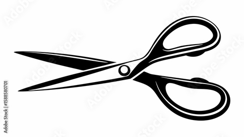 Illustration of open scissors with black handles and sharp blades on a white background image