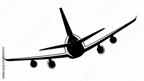 Airplane silhouette flying away with wings and engines visible in a black and white drawing style