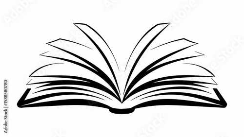 Illustration of an open book with several pages visible in a black and white line drawing style