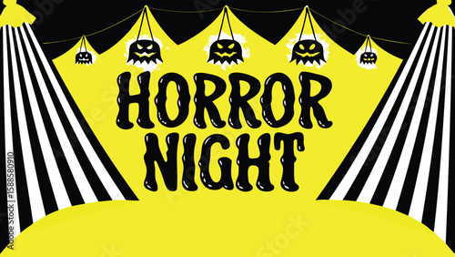 Horror night themed illustration with hanging ghosts and black and white striped curtains on yellow background