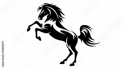Silhouette of a rearing horse with flowing mane and tail in black against a white background image