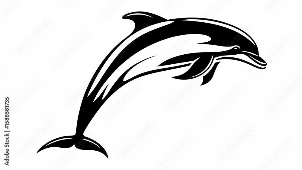 Naklejka premium A stylized black and white illustration of a dolphin leaping out of the water gracefully and dynamically