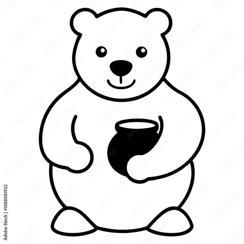Obraz premium Little bear holding a honey pot with sweet expression Line Art Vector illustration