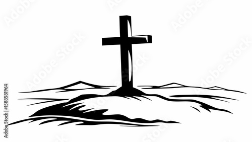A black cross standing on a small hill with a few mountains in the background in black and white art
