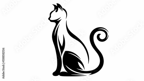 Elegant black and white silhouette of a stylized cat with a curled tail sitting upright nicely drawn