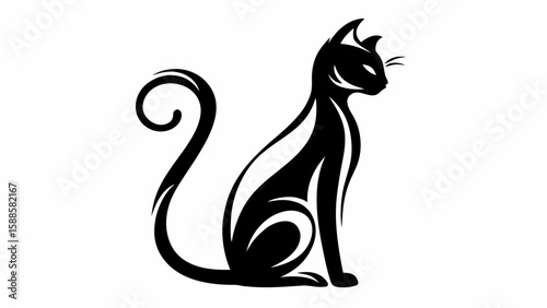 Silhouette of a black cat sitting with its tail curled up and looking to the right side of the image