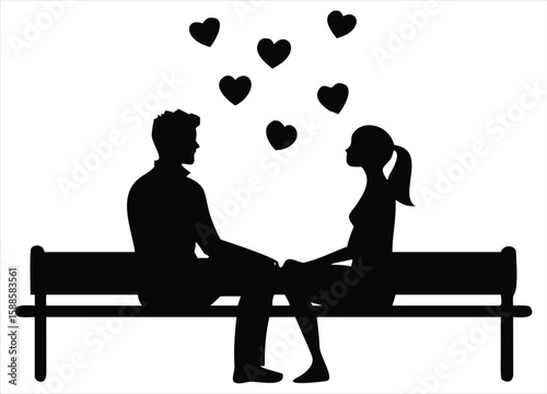 A romantic couple holding hands on a park bench with hearts floating above them in a classic black and white silhouette style