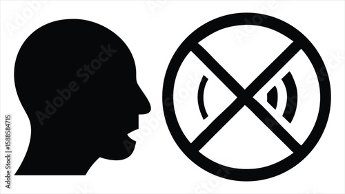 Symbol of a person speaking with a crossed out sound wave icon indicating no talking or silence presented in a clean modern silhouette style
