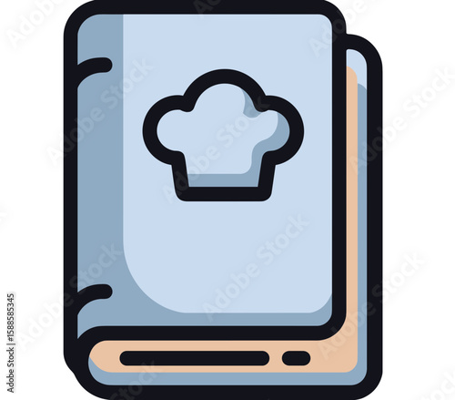 Stylized illustration of a light-blue book with a black-outlined chef's hat icon on the cover, beige spine with black details, and plain white background.
