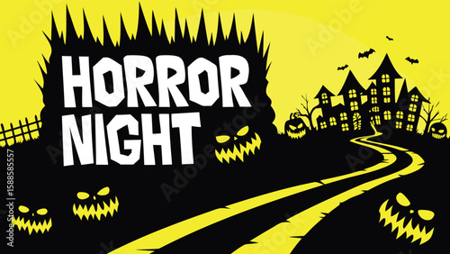 A spooky halloween scene with a haunted house, pumpkins, bats, and a path leading to the house