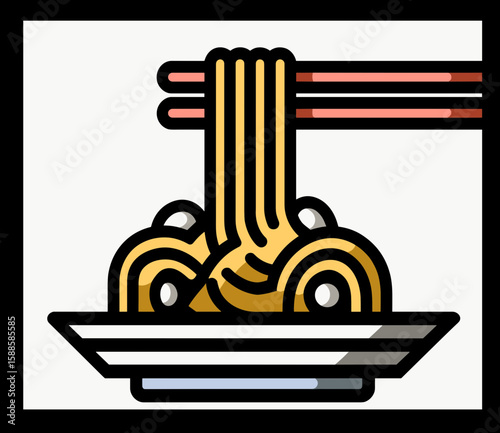 Stylized minimalist icon of yellow noodles held by pink chopsticks, featuring flowing strands, coiled plate presentation, white circular toppings, plain white background, bold black border.