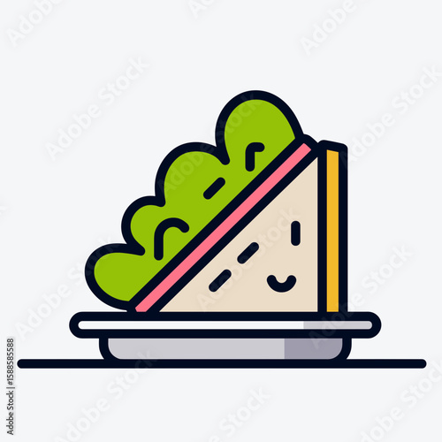 Minimalist triangular sandwich icon on round plate with beige base, pink strip, green wavy lettuce, black outlines, and plain white background.
