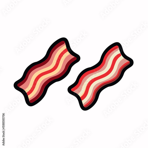 Stylized cartoon bacon strips with wavy shapes, alternating red meaty layers, beige and white fat, bold black outlines, on plain white background.
