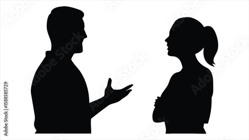 A man and woman in silhouette engaged in a conversation, with the man gesturing and the woman listening with arms crossed, representing communication and discussion silhouette