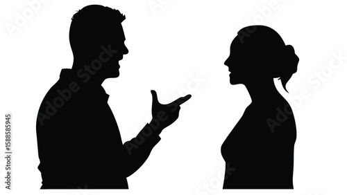 A man and woman in conversation: a silhouette of a man gesturing with his hand while speaking to a woman who is listening attentively, presented in a clean black and white silhouette style